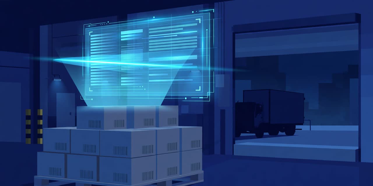 Illustration of a digital advance ship notice being scanned above barcoded cartons at a warehouse dock at night