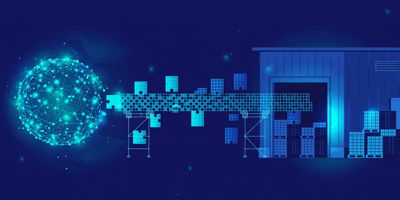 Illustration of a bridge of data cells being built between a glowing AI model and a warehouse